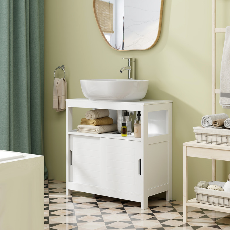 White Pedestal Sink Storage Cabinet with 2 Sliding Doors & U-Shaped Cut Out Space Saving Bathroom Organizer
