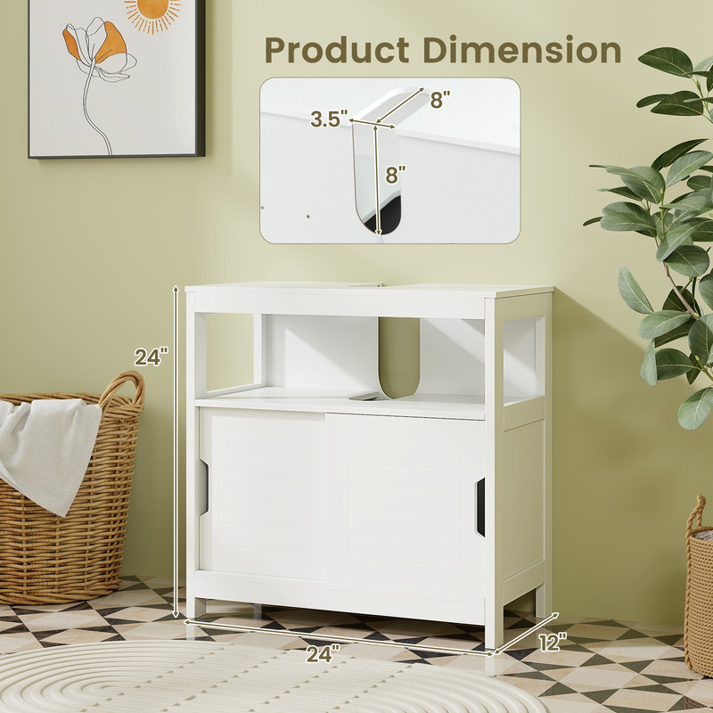 White Pedestal Sink Storage Cabinet with 2 Sliding Doors & U-Shaped Cut Out Space Saving Bathroom Organizer