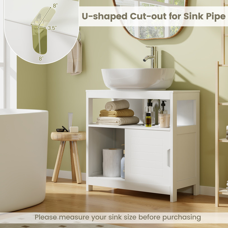 White Pedestal Sink Storage Cabinet with 2 Sliding Doors & U-Shaped Cut Out Space Saving Bathroom Organizer