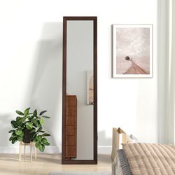 mirror with stand and solid wood frame 14.5 x 14 x 61 inches, freestanding floor mirror for bedroom & entryway