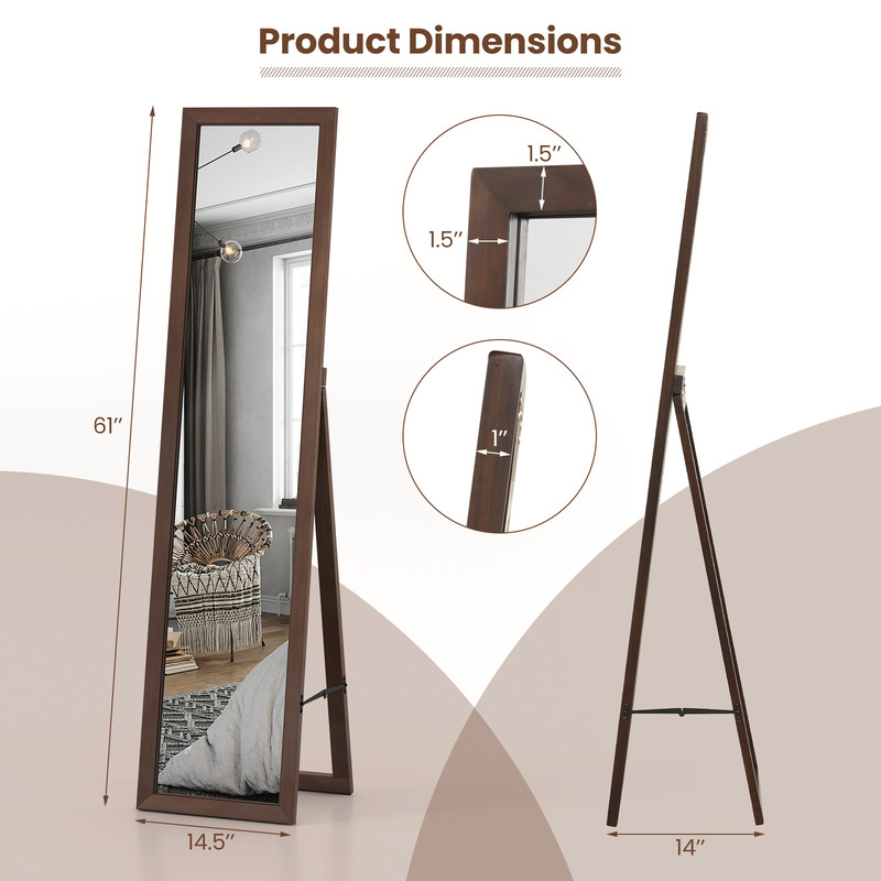 Mirror with Stand and Solid Wood Frame 14.5 x 14 x 61 Inches, Freestanding Floor Mirror for Bedroom & Entryway