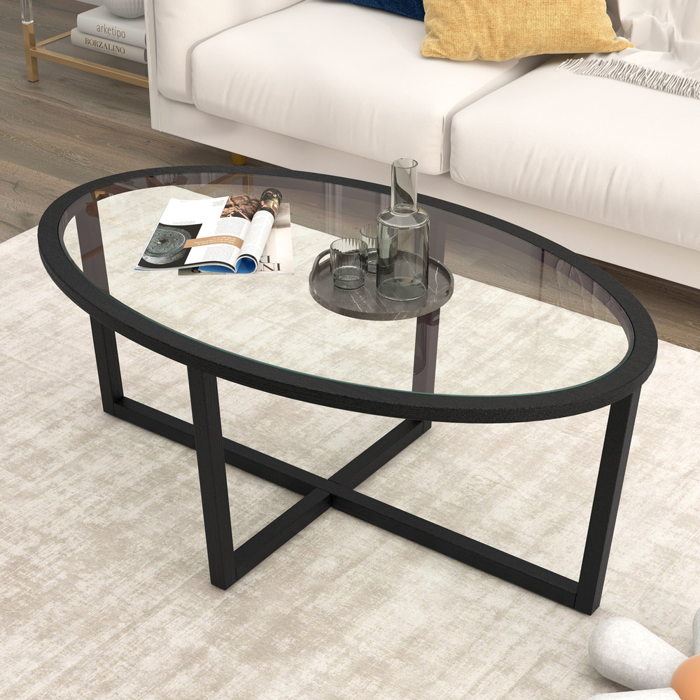 Stylish Glass Coffee Table Oval Living Room Table with Cross Base & Acacia Wood Legs Modern & Durable