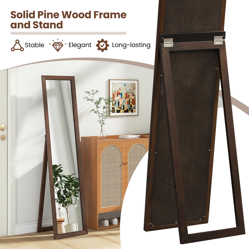 Mirror with Stand and Solid Wood Frame 14.5 x 14 x 61 Inches, Freestanding Floor Mirror for Bedroom & Entryway