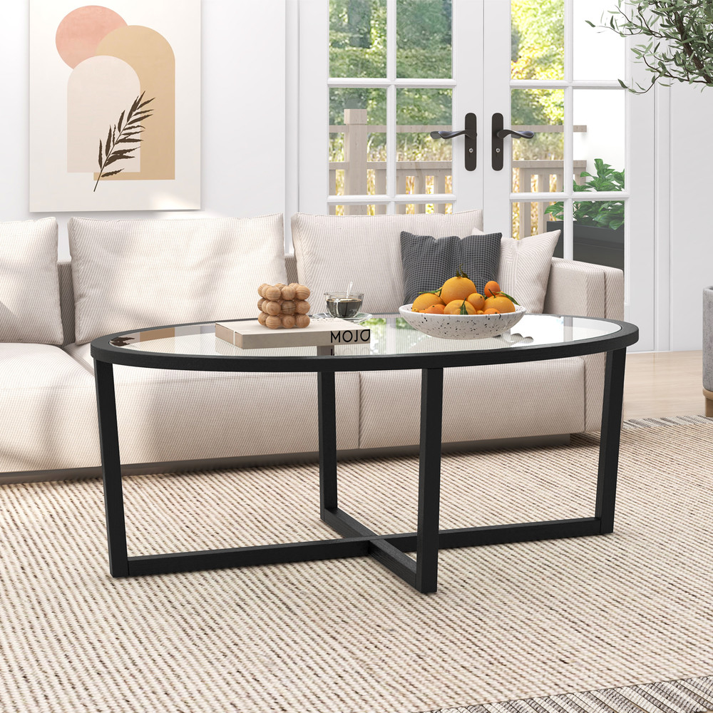 Stylish Glass Coffee Table Oval Living Room Table with Cross Base & Acacia Wood Legs Modern & Durable