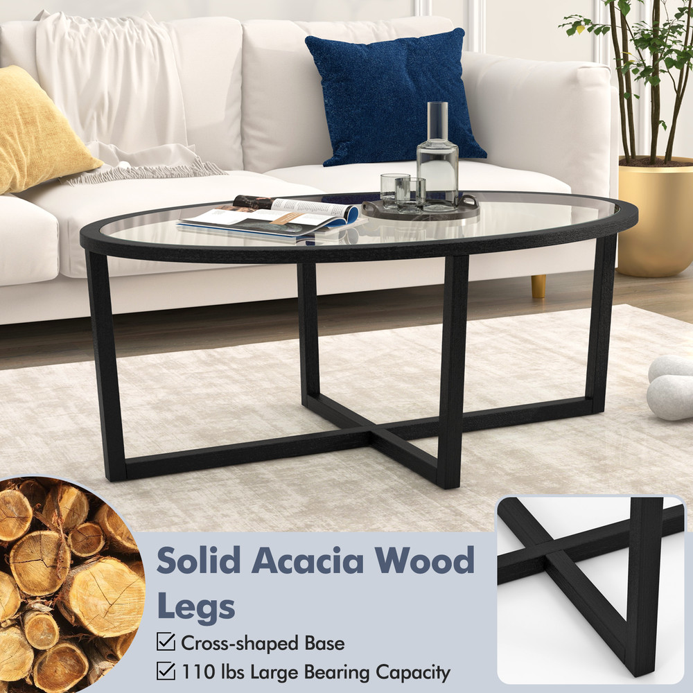 Stylish Glass Coffee Table Oval Living Room Table with Cross Base & Acacia Wood Legs Modern & Durable