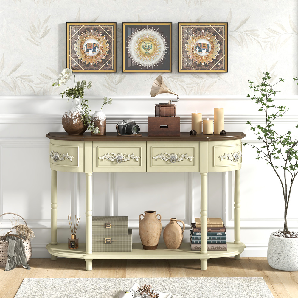 Retro Curved Console Table with Drawers & Solid Wood Legs – Vintage Entryway Sofa Table for Living Room & Hallway