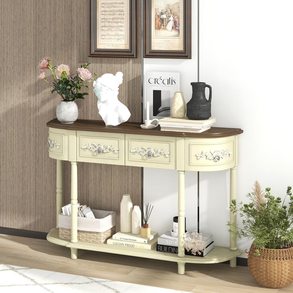 Retro Curved Console Table with Drawers & Solid Wood Legs – Vintage Entryway Sofa Table for Living Room & Hallway
