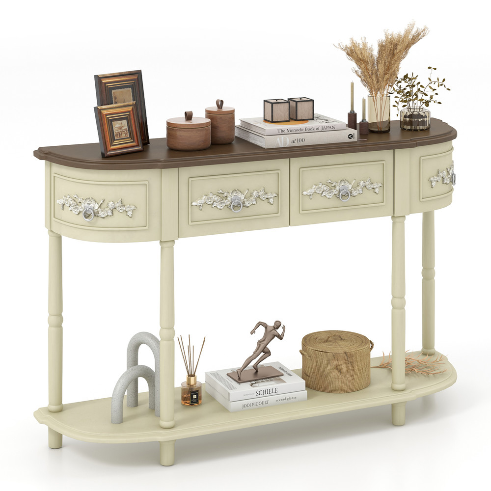 Retro Curved Console Table with Drawers & Solid Wood Legs – Vintage Entryway Sofa Table for Living Room & Hallway