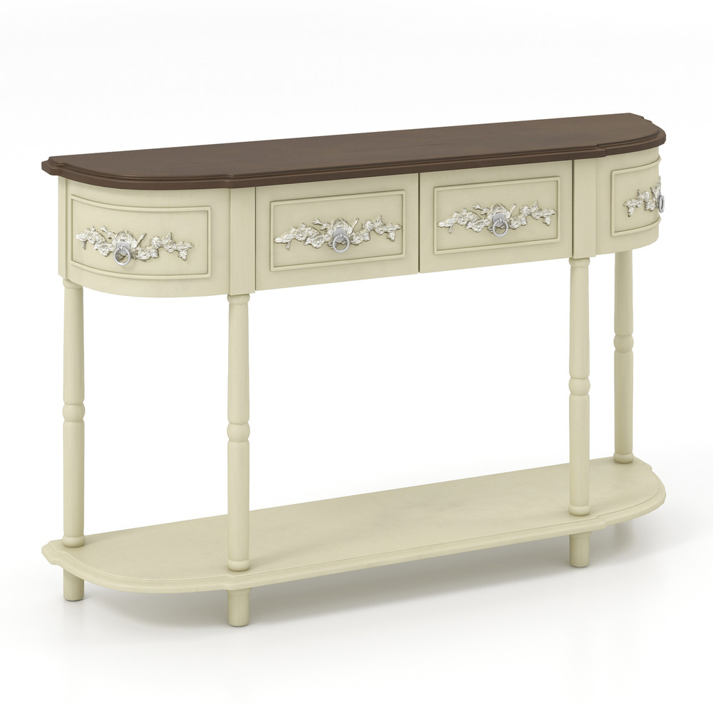 Retro Curved Console Table with Drawers & Solid Wood Legs – Vintage Entryway Sofa Table for Living Room & Hallway