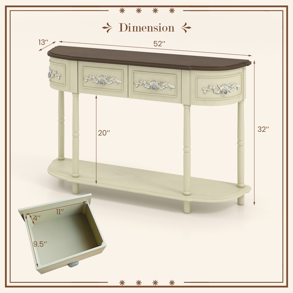 Retro Curved Console Table with Drawers & Solid Wood Legs – Vintage Entryway Sofa Table for Living Room & Hallway