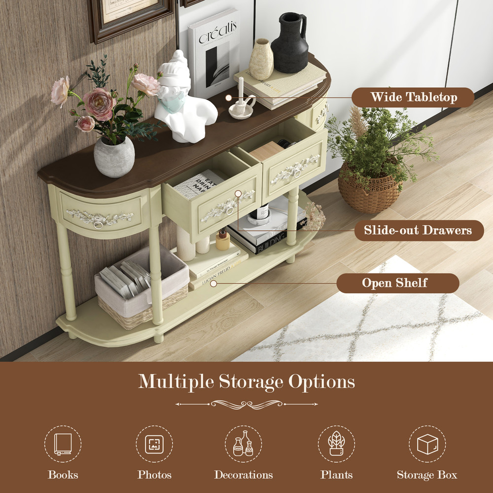 Retro Curved Console Table with Drawers & Solid Wood Legs – Vintage Entryway Sofa Table for Living Room & Hallway