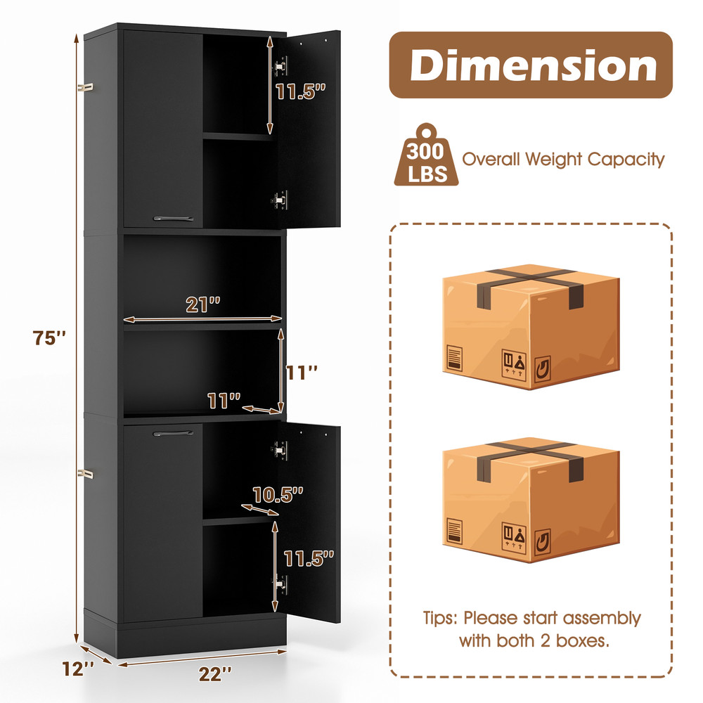 75 Inch Kitchen Pantry Cabinet – Tall Cupboard with Doors & Shelves for Organized Storage