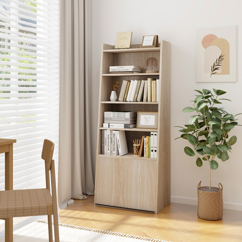 6-Tier Bookcase Freestanding Ladder Bookshelf with 2 Adjustable Shelves & Flip-Up Door – Modern Storage Solution