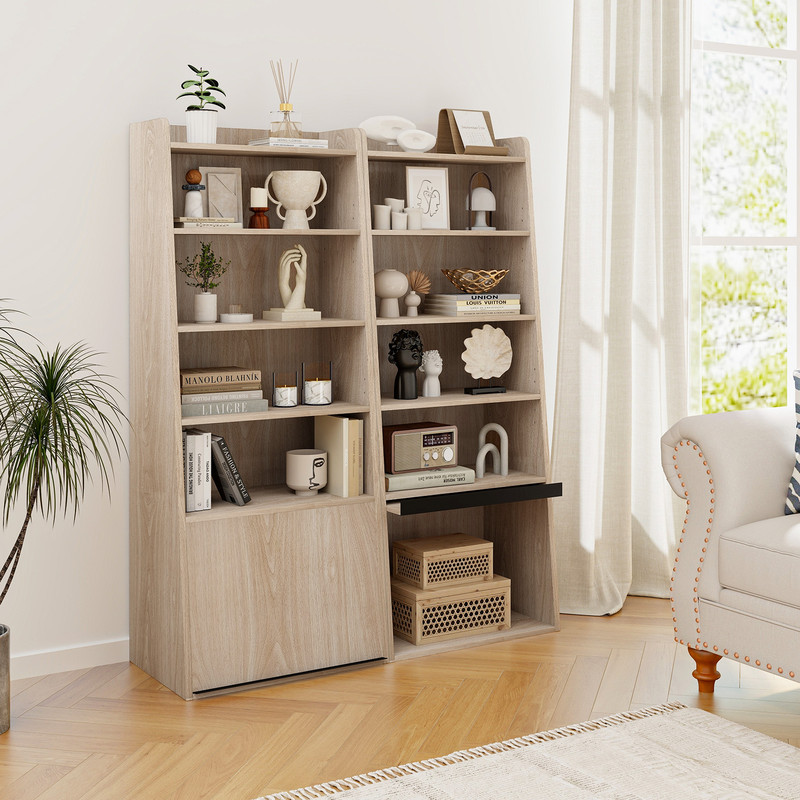 6-Tier Bookcase Freestanding Ladder Bookshelf with 2 Adjustable Shelves & Flip-Up Door – Modern Storage Solution