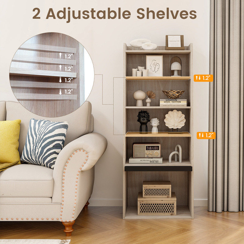 6-Tier Bookcase Freestanding Ladder Bookshelf with 2 Adjustable Shelves & Flip-Up Door – Modern Storage Solution