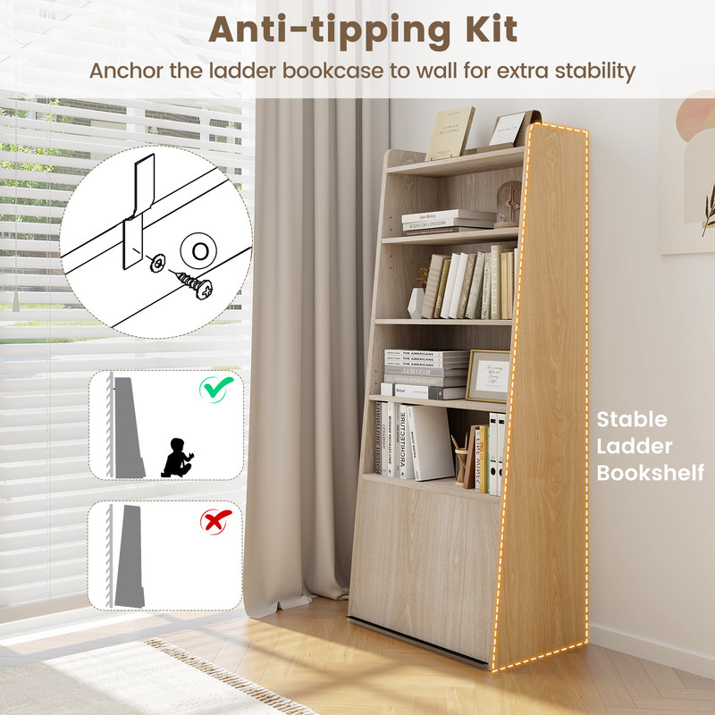 6-Tier Bookcase Freestanding Ladder Bookshelf with 2 Adjustable Shelves & Flip-Up Door – Modern Storage Solution