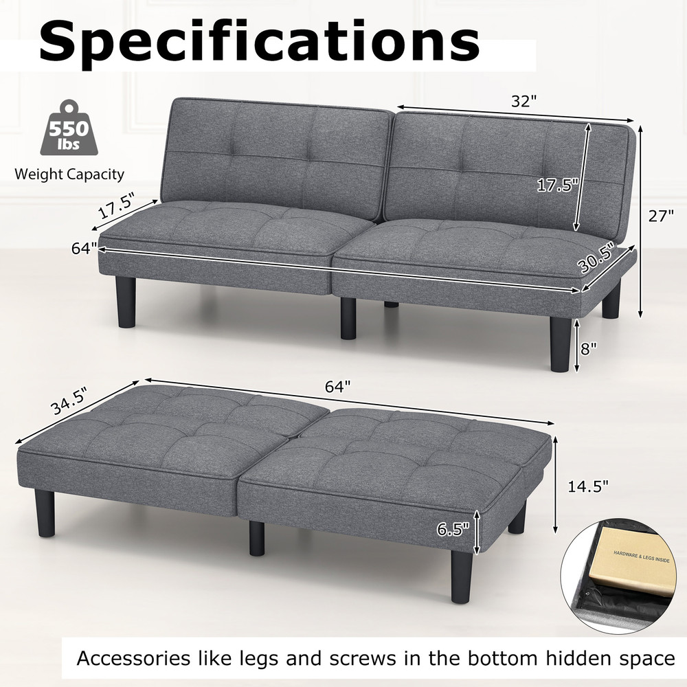 Convertible Folding Futon Sofa Bed with 6-Position Adjustable Backrest – Space-Saving Sleeper Couch for Small Spaces