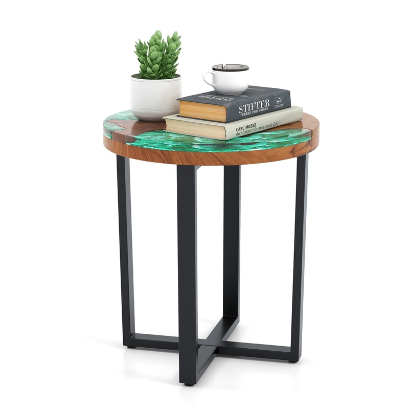 Solid Teak Wood Outdoor End Table,Epoxy Resin Tabletop,Cross Leg Design,Weather Resistant for Poolside,Porch &Indoor use