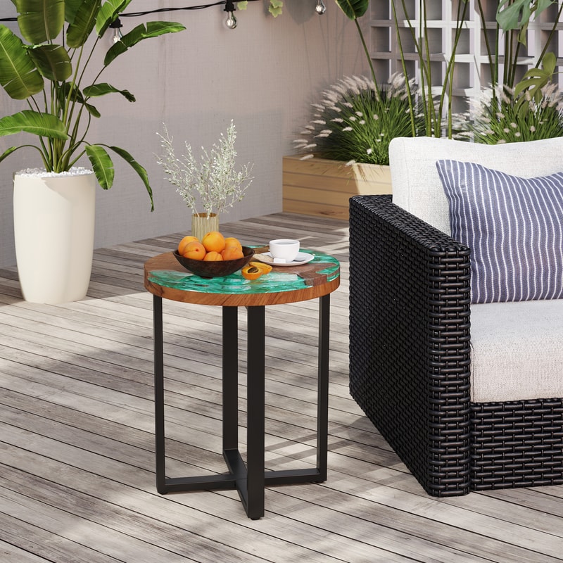 Solid Teak Wood Outdoor End Table,Epoxy Resin Tabletop,Cross Leg Design,Weather Resistant for Poolside,Porch &Indoor use