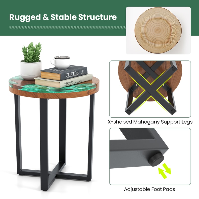 Solid Teak Wood Outdoor End Table,Epoxy Resin Tabletop,Cross Leg Design,Weather Resistant for Poolside,Porch &Indoor use