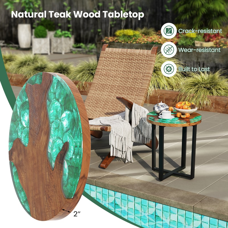 Solid Teak Wood Outdoor End Table,Epoxy Resin Tabletop,Cross Leg Design,Weather Resistant for Poolside,Porch &Indoor use