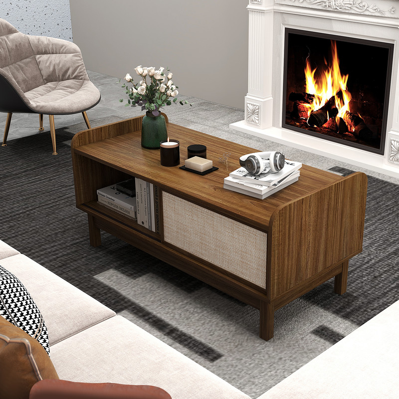 Modern Coffee Table with Storage, Woven Sliding Doors, Mid Century Design, Multi Functional Center Table for Small Space