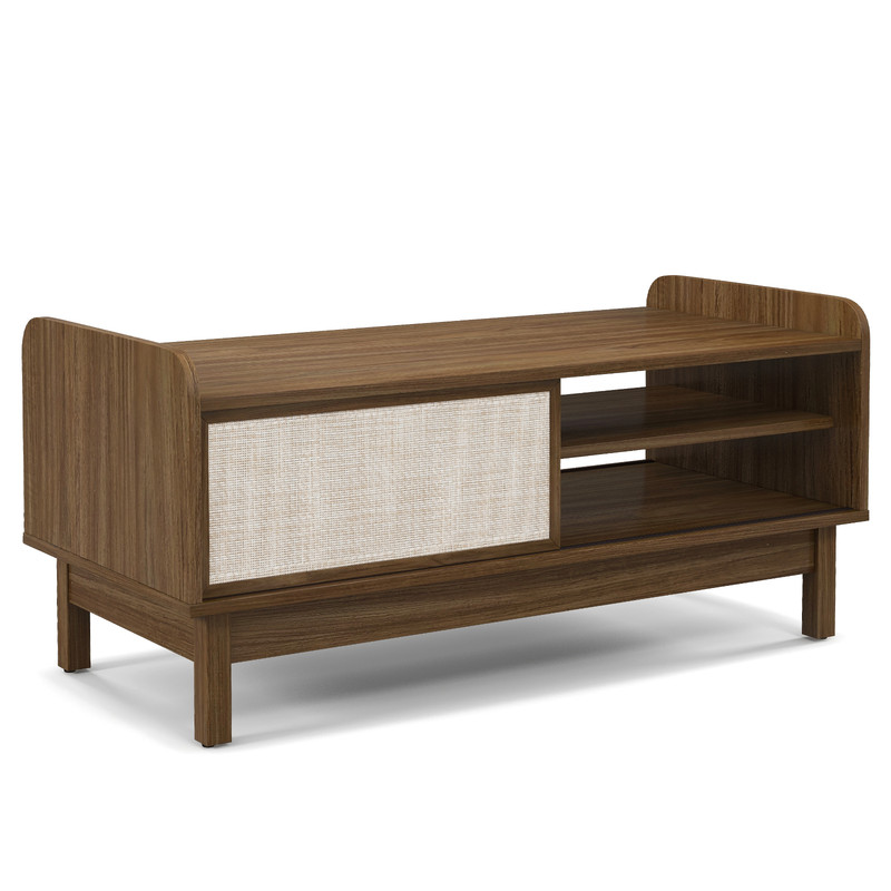 Modern Coffee Table with Storage, Woven Sliding Doors, Mid Century Design, Multi Functional Center Table for Small Space
