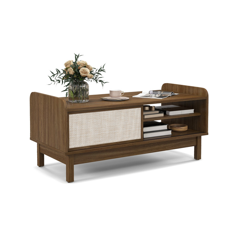 Modern Coffee Table with Storage, Woven Sliding Doors, Mid Century Design, Multi Functional Center Table for Small Space