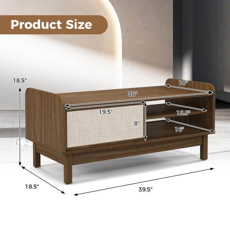Modern Coffee Table with Storage, Woven Sliding Doors, Mid Century Design, Multi Functional Center Table for Small Space