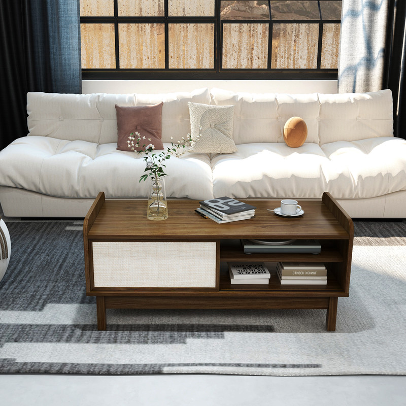 Modern Coffee Table with Storage, Woven Sliding Doors, Mid Century Design, Multi Functional Center Table for Small Space