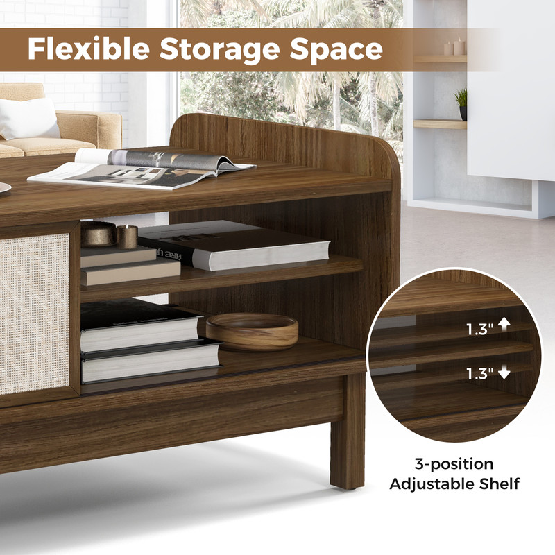 Modern Coffee Table with Storage, Woven Sliding Doors, Mid Century Design, Multi Functional Center Table for Small Space