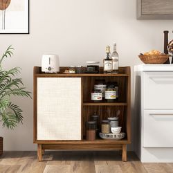 rattan storage cabinet,mid century sideboard with sliding doors,5 position adjustable shelves, anti tip design for small
