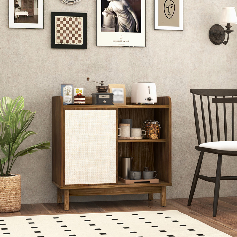 Rattan Storage Cabinet,Mid Century Sideboard with Sliding Doors,5 Position Adjustable Shelves, Anti Tip Design for small