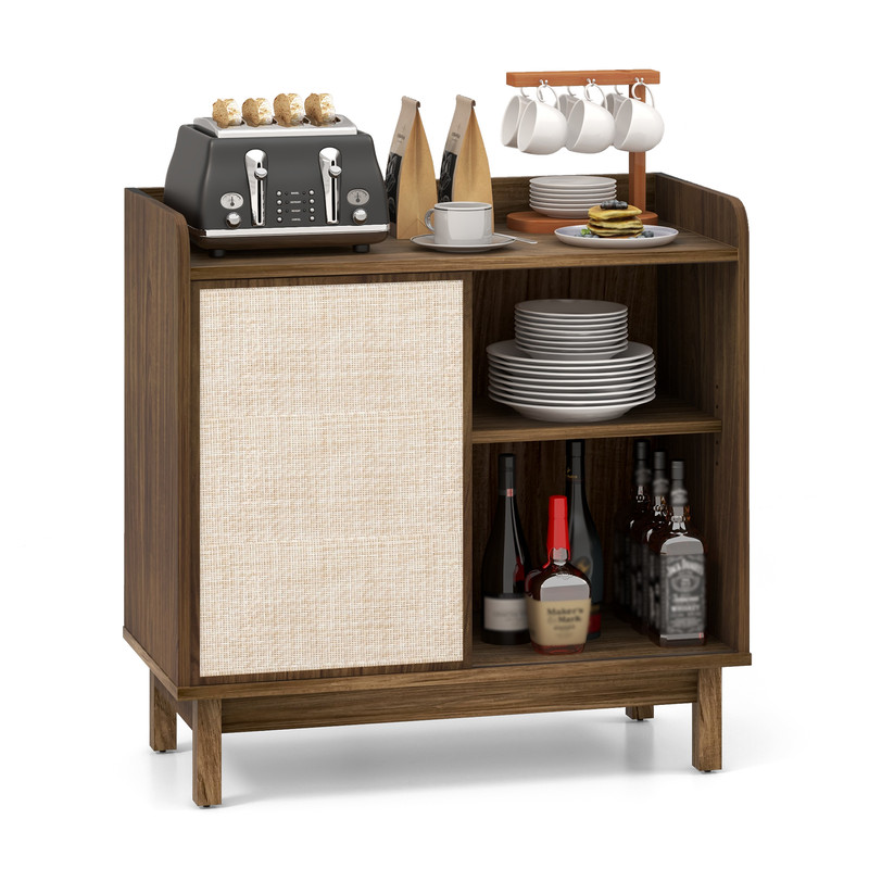 Rattan Storage Cabinet,Mid Century Sideboard with Sliding Doors,5 Position Adjustable Shelves, Anti Tip Design for small