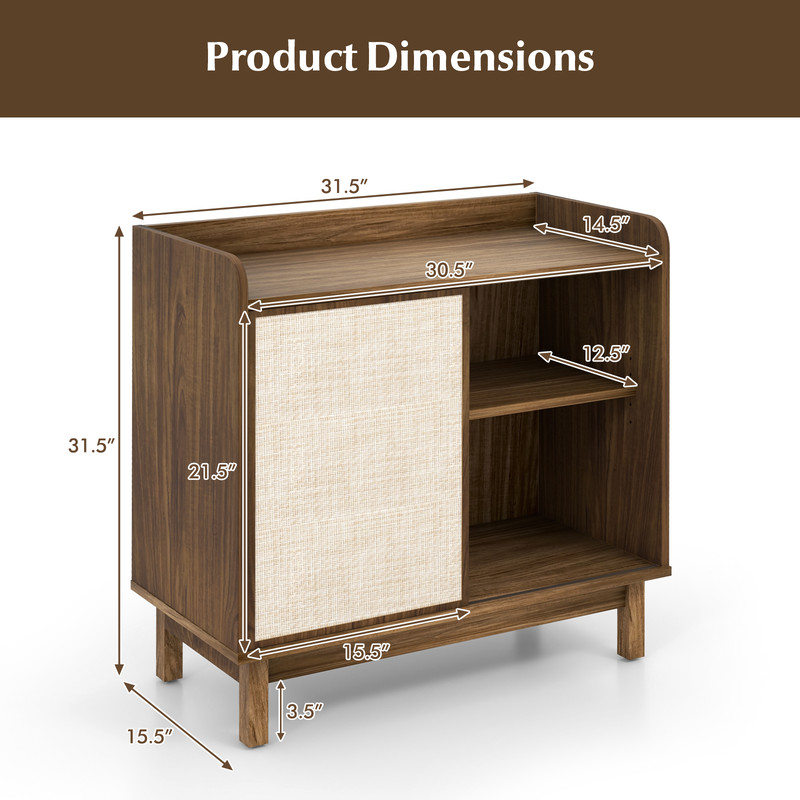 Rattan Storage Cabinet,Mid Century Sideboard with Sliding Doors,5 Position Adjustable Shelves, Anti Tip Design for small