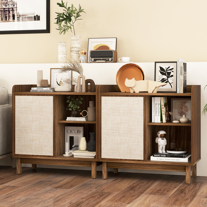 Rattan Storage Cabinet,Mid Century Sideboard with Sliding Doors,5 Position Adjustable Shelves, Anti Tip Design for small