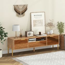 tv stand with mirrored design, rustic faux wood tabletop,pull out drawer & open shelf for living room organization