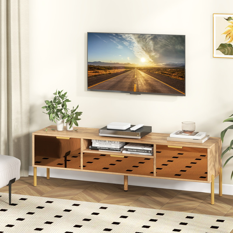 TV Stand with Mirrored Design, Rustic Faux Wood Tabletop,Pull Out Drawer & Open Shelf for Living Room Organization