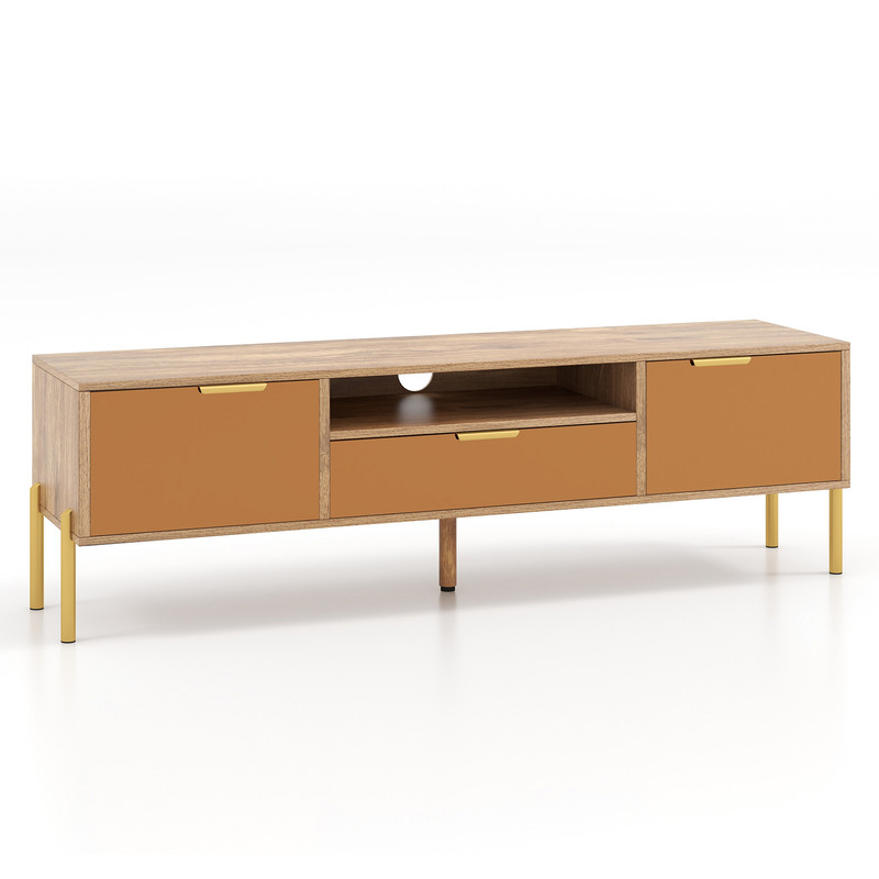TV Stand with Mirrored Design, Rustic Faux Wood Tabletop,Pull Out Drawer & Open Shelf for Living Room Organization