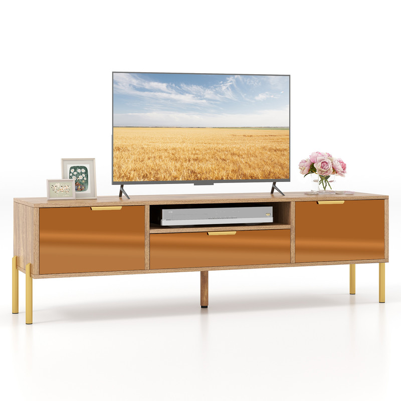 TV Stand with Mirrored Design, Rustic Faux Wood Tabletop,Pull Out Drawer & Open Shelf for Living Room Organization
