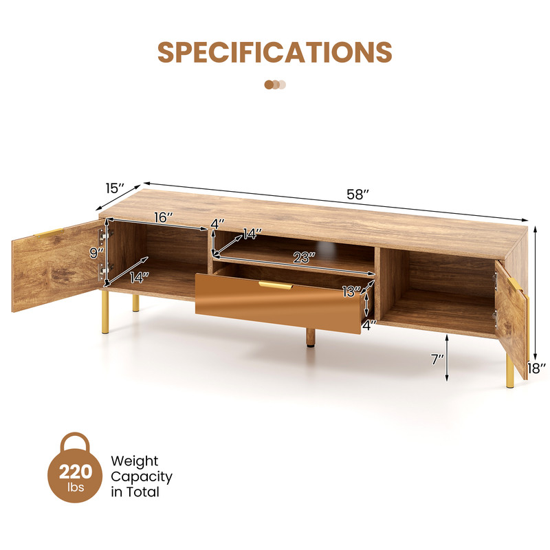 TV Stand with Mirrored Design, Rustic Faux Wood Tabletop,Pull Out Drawer & Open Shelf for Living Room Organization