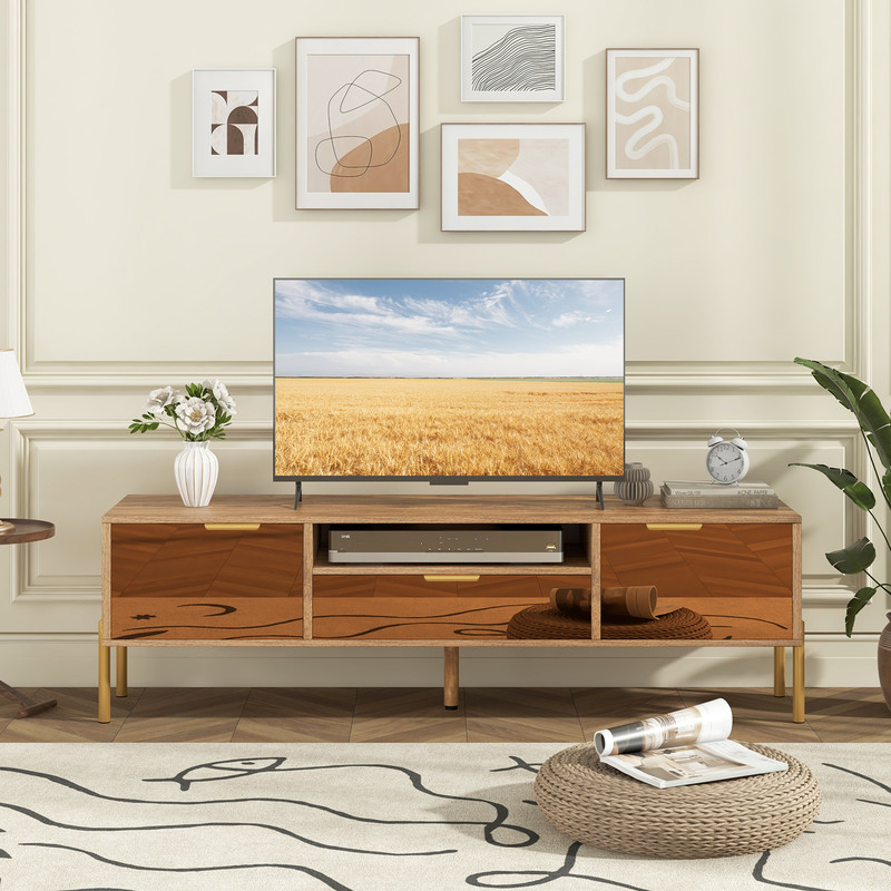TV Stand with Mirrored Design, Rustic Faux Wood Tabletop,Pull Out Drawer & Open Shelf for Living Room Organization