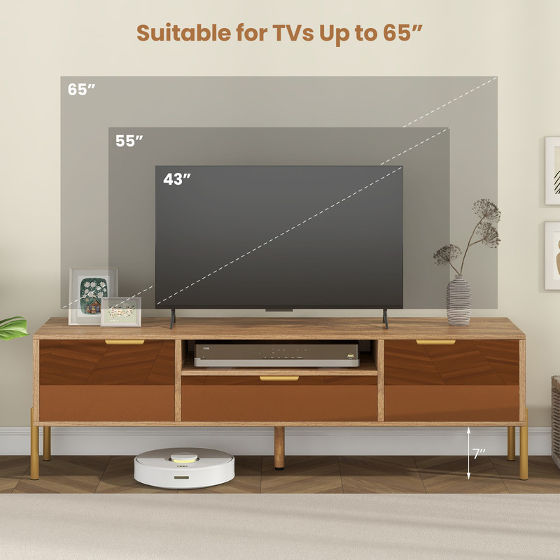TV Stand with Mirrored Design, Rustic Faux Wood Tabletop,Pull Out Drawer & Open Shelf for Living Room Organization