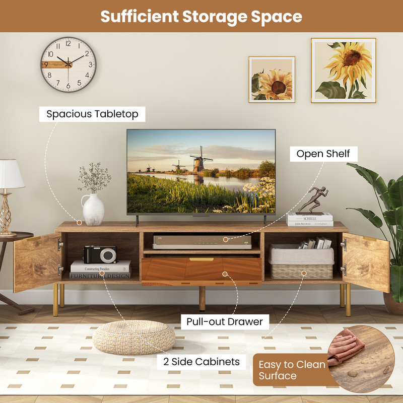 TV Stand with Mirrored Design, Rustic Faux Wood Tabletop,Pull Out Drawer & Open Shelf for Living Room Organization
