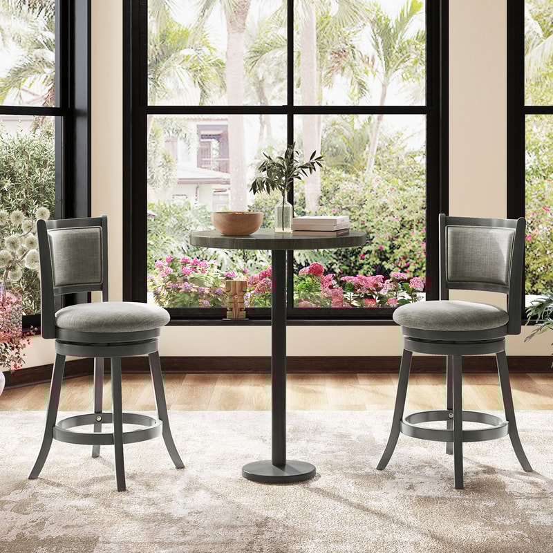 Modern Swivel Bar Stools Set of 2, Gray Linen Upholstery, Rubber Wood Frame, Adjustable Height for Counter & Bar