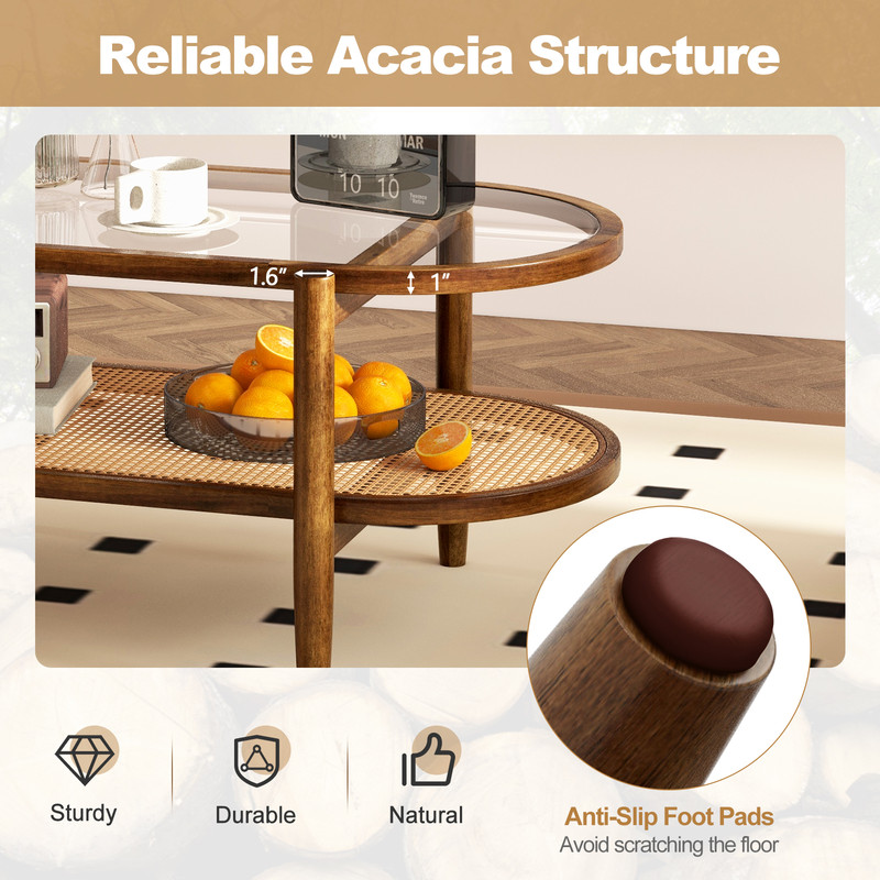 Acacia Wood Coffee Table with Tempered Glass Top 2 Tier Rustic Center Table for Living Room & Office