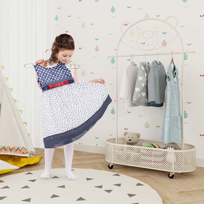 Kids Clothes Rack With 3 Adjustable Heights Wheels Sturdy Mobile Storage For Bedroom Nursery 1