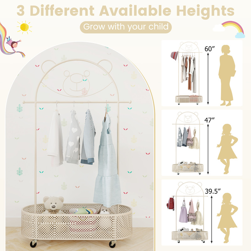 Kids Clothes Rack With 3 Adjustable Heights Wheels Sturdy Mobile Storage For Bedroom Nursery 6