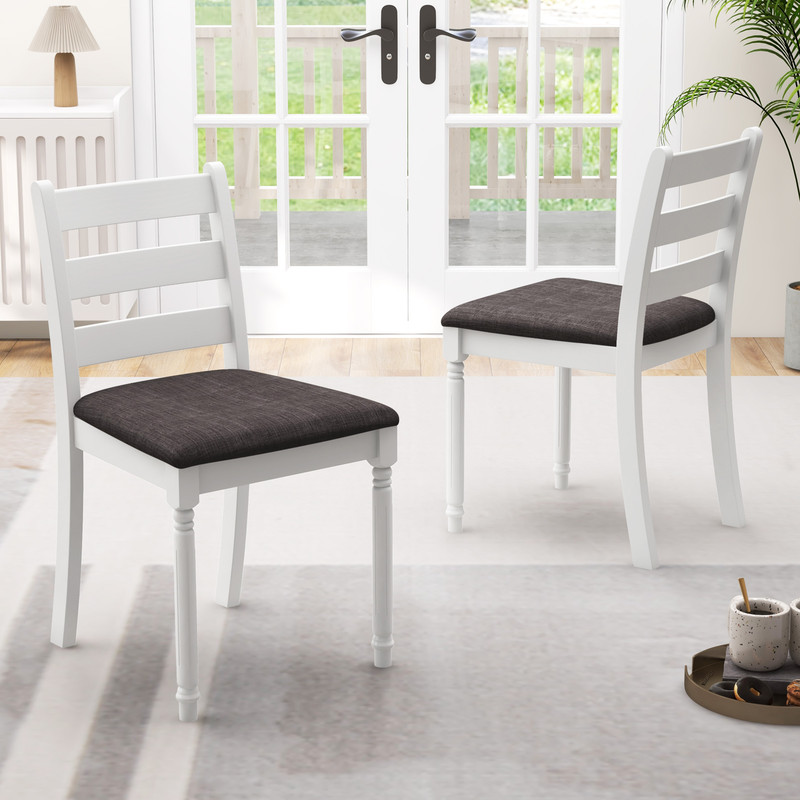 Set Of 2 Rubber Wood Dining Chairs With Upholstered Seat Farmhouse Style White Gray 0