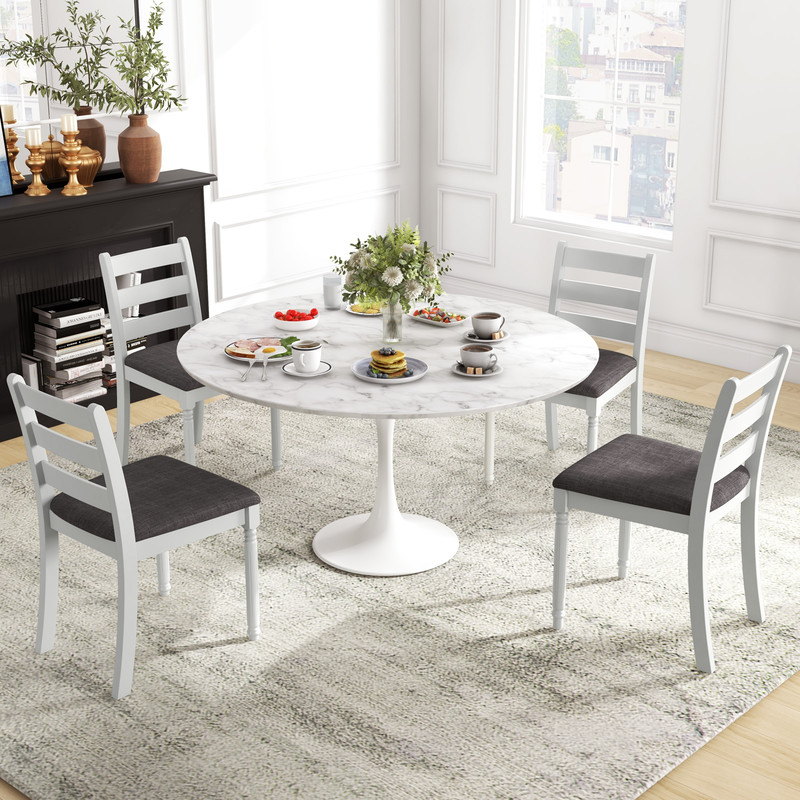 Set Of 2 Rubber Wood Dining Chairs With Upholstered Seat Farmhouse Style White Gray 2